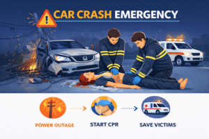 Car crash emergency with CPR aid