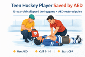 Teen hockey player revived by AED