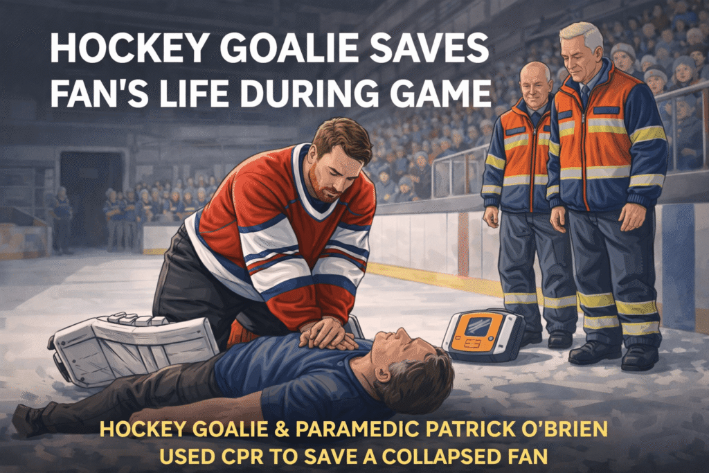 Hockey goalie saves fan during game