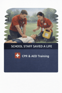 School staff perform CPR with AED