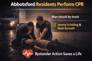 Life-saving CPR under rainy night sky