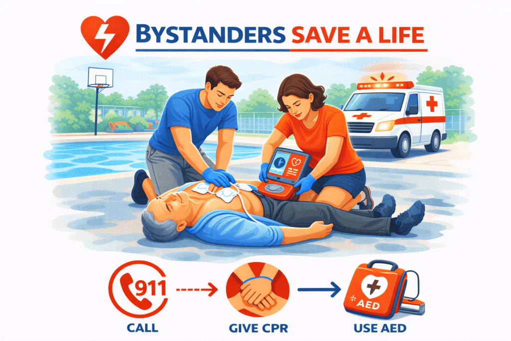 Bystanders perform CPR by poolside
