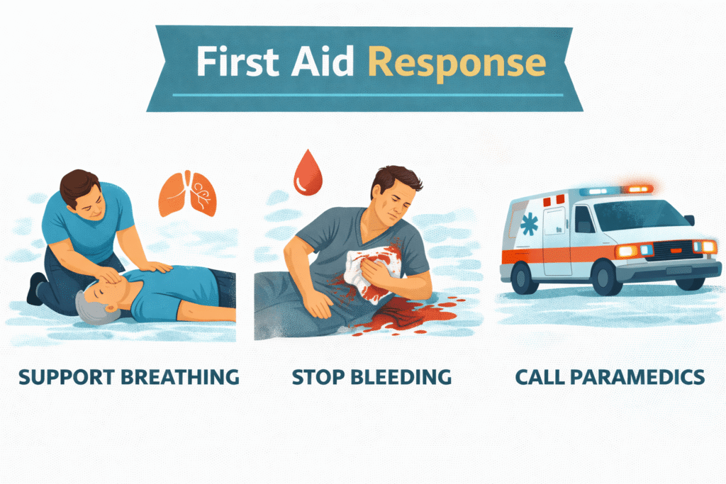 First aid response steps illustrated