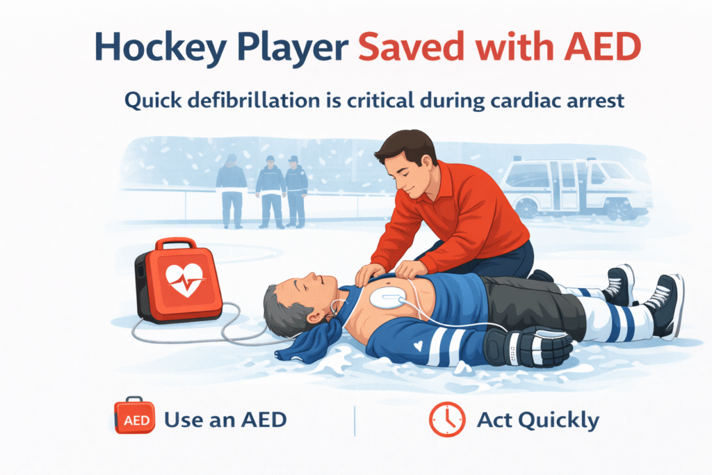Hockey player saved with AED