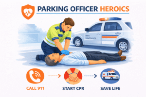 Parking officer performing life-saving CPR